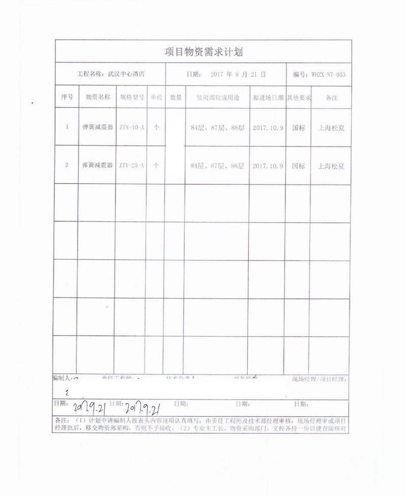 【武汉中心酒店项目】弹簧减震器合同